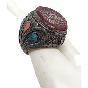 Vintage Ring Turkmen Silver Carved Turquoise Coral Inlay Sz 8.5 Arabic BIG